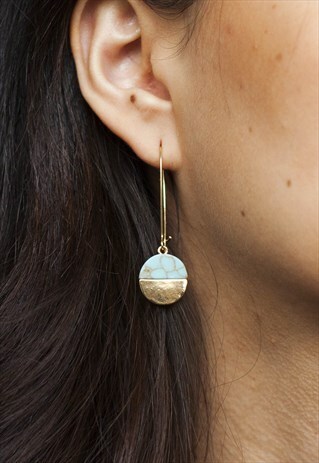 ROUND TURQUOISE STONE LONG HOOP EARRINGS