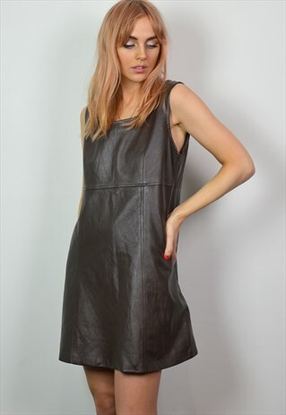 VINTAGE 70S DARK BROWN LEATHER MINI DRESS