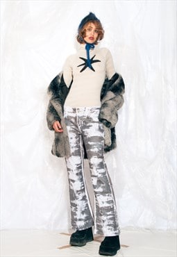 Vintage Y2K Reworked Flare Trousers in Silver Hand Painted