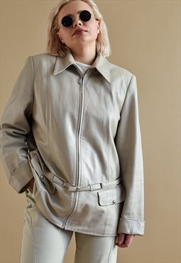 Vintage Y2k Arrow Collar Zip Up Jacket in Grey Leather L