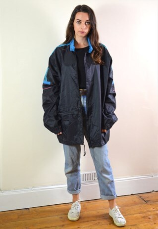 80S 90S VINTAGE ADIDAS BLACK & BLUE FULL ZIP SHELL JACKET