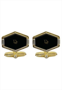 Christian Dior Cufflinks Gold Black Logo Monogram Vintage