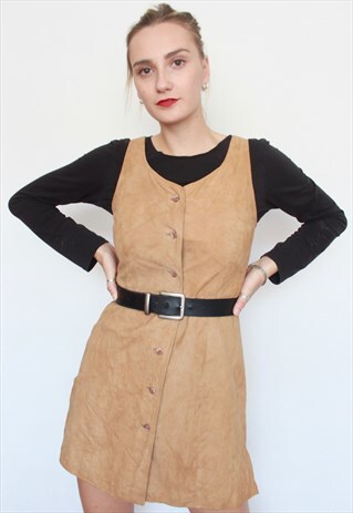 VINTAGE 90S AUTUMNAL SUEDE TAN BUTTON FRONT MINI DRESS UK 10