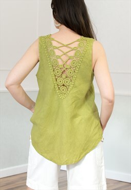 Green linen blouse vintage embroidered L