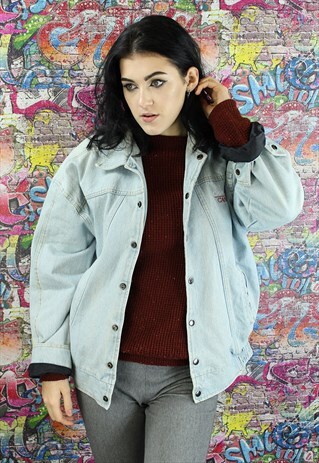 VINTAGE 80S LIGHT BLUE DENIM JACKET WITH BLACK LINING UNISEX