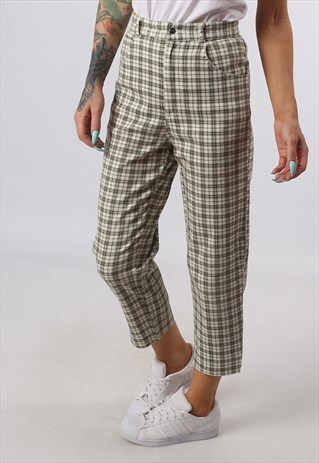 HIGH WAISTED TROUSERS TARTAN CHECKED WIDE TAPERED UK 8 (82H)