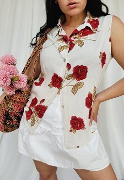 90s beige linen rose print minimalist sleeveless blouse
