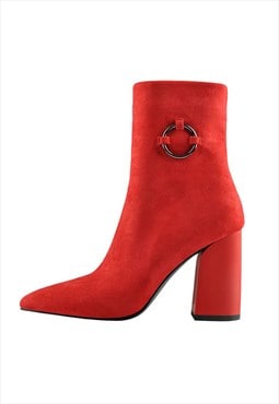 Red Suede Zip Chunky Frosted High Heels Boots