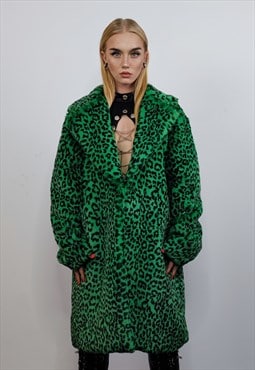 Leopard faux fur coat fuzzy animal print trench jacket green