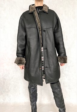 Vintage Y2K Black Leather Oversized Coat, Large Size Coat