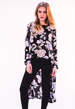 Floral print swing dip hem long sleeves shirt top 