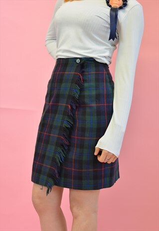 REWORKED VINTAGE TARTAN GINGHAM SCARF WRAP SKIRT GREEN BLUE