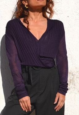 Purple pleated knitted asymmetrical long cardigan/blouse