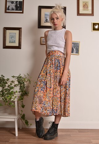 VINTAGE 80S PLEATED MIDI SKIRT PATCHWORK FLORAL PATTERN