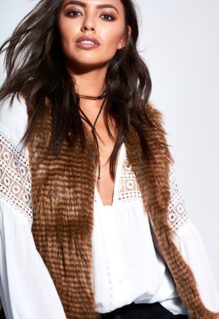 FUR GILET WITH SATIN SIDE PANELS IN BROWN