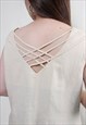 VINTAGE 90S MINIMALIST SLEEVELESS BLOUSE CUTE BEIGE COTTON