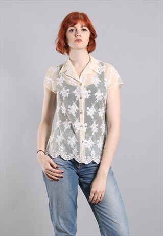 VINTAGE 90S CREAM EMBROIDERED MESH BLOUSE