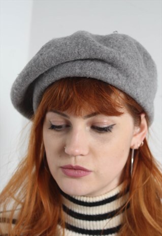 Vintage French Wool Beret Cap Hat Grey