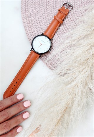 WHITE FACE BLACK FRAME TAN STRAP WATCH