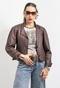 Vintage 80's cropped leather jacket in brown women