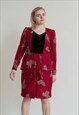 VINTAGE 80S PATTERNED PUFFY SLEEVE MIDI DRESS IN BURGUNDY S