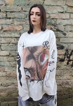 Cyber glitch sweat top graffiti jumper eye print tee white