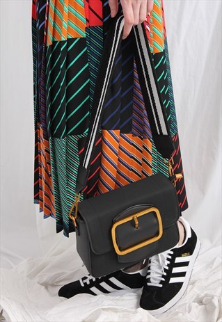 (KOREAN) BIG METAL MIXED MEDIA BUCKLED HANDBAG WITH STRIPED