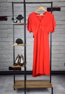 90s Vintage Glam Red V Neck Fit Flare Floaty Satin Dress