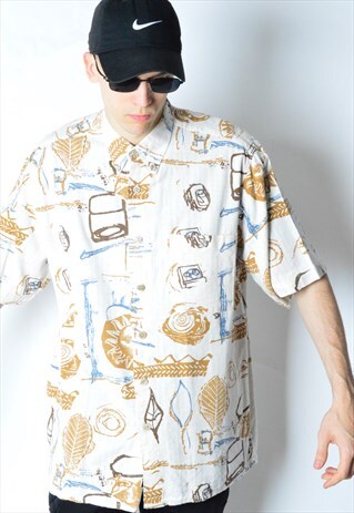 VINTAGE 90S ABSTRACT LINEN BLEND SHORT SLEEVE SHIRT
