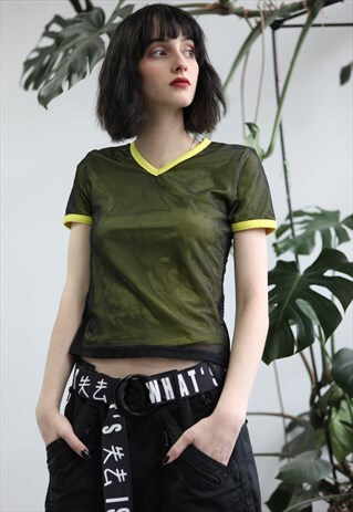 VINTAGE Y2K RAVE MESH YELLOW TOP T-SHIRT