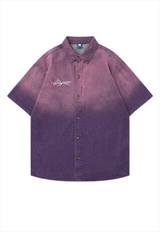 Gradient denim shirt short sleeve jean tie-dye top in purple