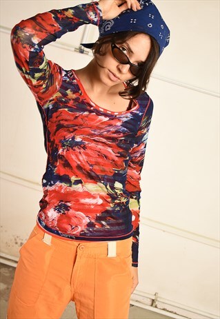 VINTAGE Y2K FESTIVAL SHEER MESH TOP WITH ABSTRACT PRINT