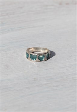 Deadstock silver/blue enamel hearts ring.