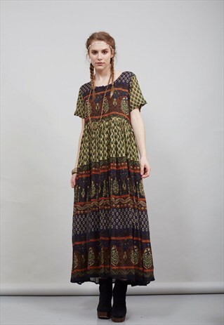 70'S VINTAGE SHORT SLEEVED INDIAN COTTON MAXI DRESS 3936