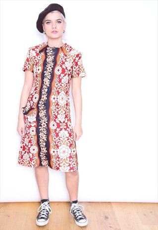 VINTAGE 60S FLORAL PRINT SHIFT MIDI DRESS