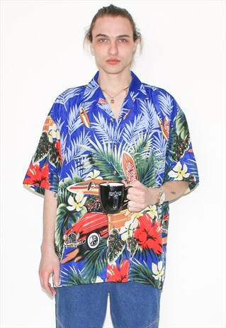 VINTAGE 90S TROPIC PRINT SUMMER SHIRT IN BLUE