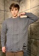 RIPPED CHUNKY SWEATER KNITTED DISTRESSED CABLE JUMPER GREY