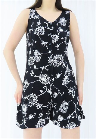 90s Vintage Black Floral Playsuit Romper (Size M)