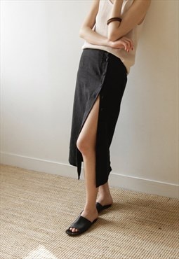 Button Linen Long Skirt