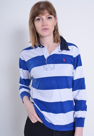 VINTAGE POLO RALPH LAUREN STRIPED RUGBY SHIRT JERSEY BLUE