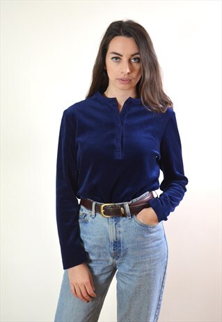 1980S VINTAGE BLUE VELVET LONG SLEEVE TOP