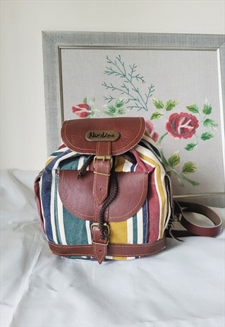 90S VINTAGE COLOR BLOCK STRIPED FABRIC BACKPACK BAG