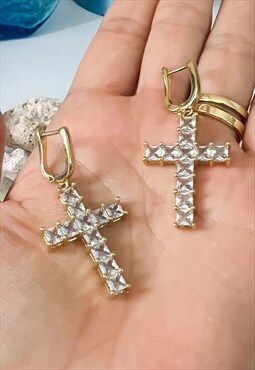 Gold Clear Gem Cross Earrings