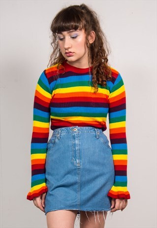 VINTAGE 90'S BLUE DENIM HIGH WAIST RAW HEM MINI SKIRT