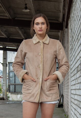 VINTAGE RETRO BEIGE WARM WINTER FAUX FUR SHEARLING JACKET