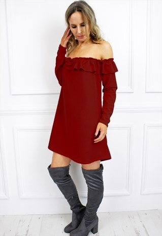 BURGUNDY BARDOT LONG SLEEVE RUFFLE BOHO MINI DRESS