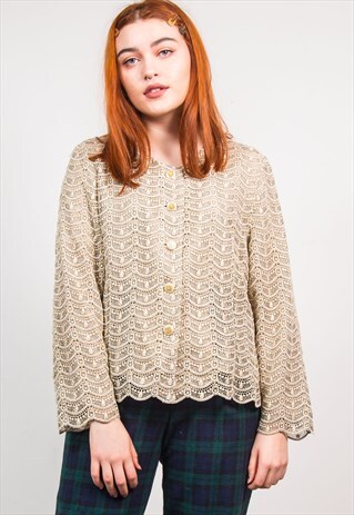 VINTAGE 90'S GOLD LACE PATTERN COLLARLESS LIGHTWEIGHT JACKET