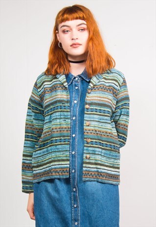 VINTAGE 90'S BLUE STRIPED AZTEC PATTERN LONG SLEEVE JACKET