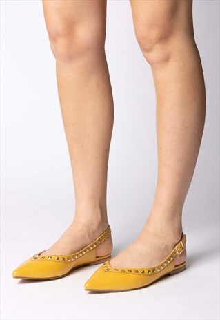NICOLE - Studded leather slingback ballet flats in yellow