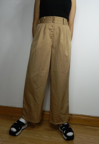 BEIGE PIN STRIPPED HIGH WAIST WIDE TROUSERS